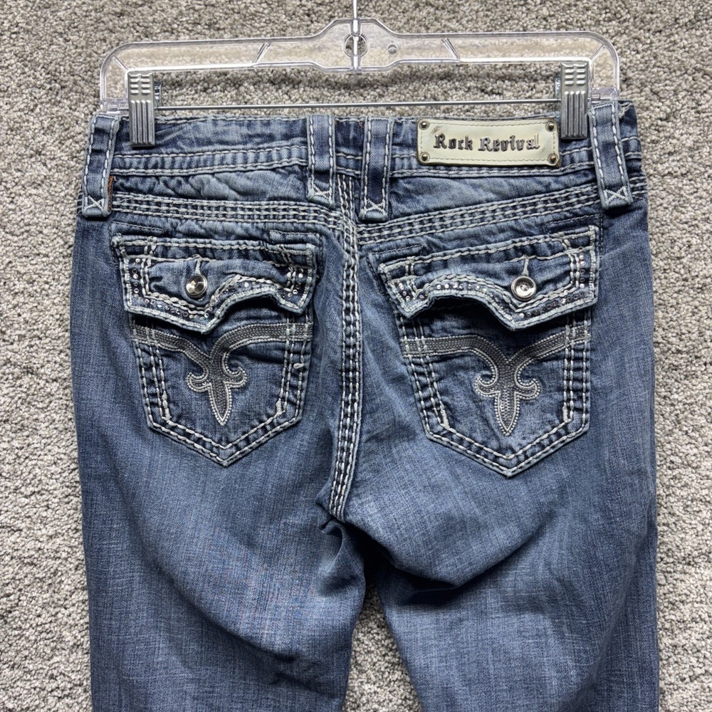 Rock Revival Jeans Womens 29x32 Kai Boot Crystal Flap Rhinestone Distressed EUC